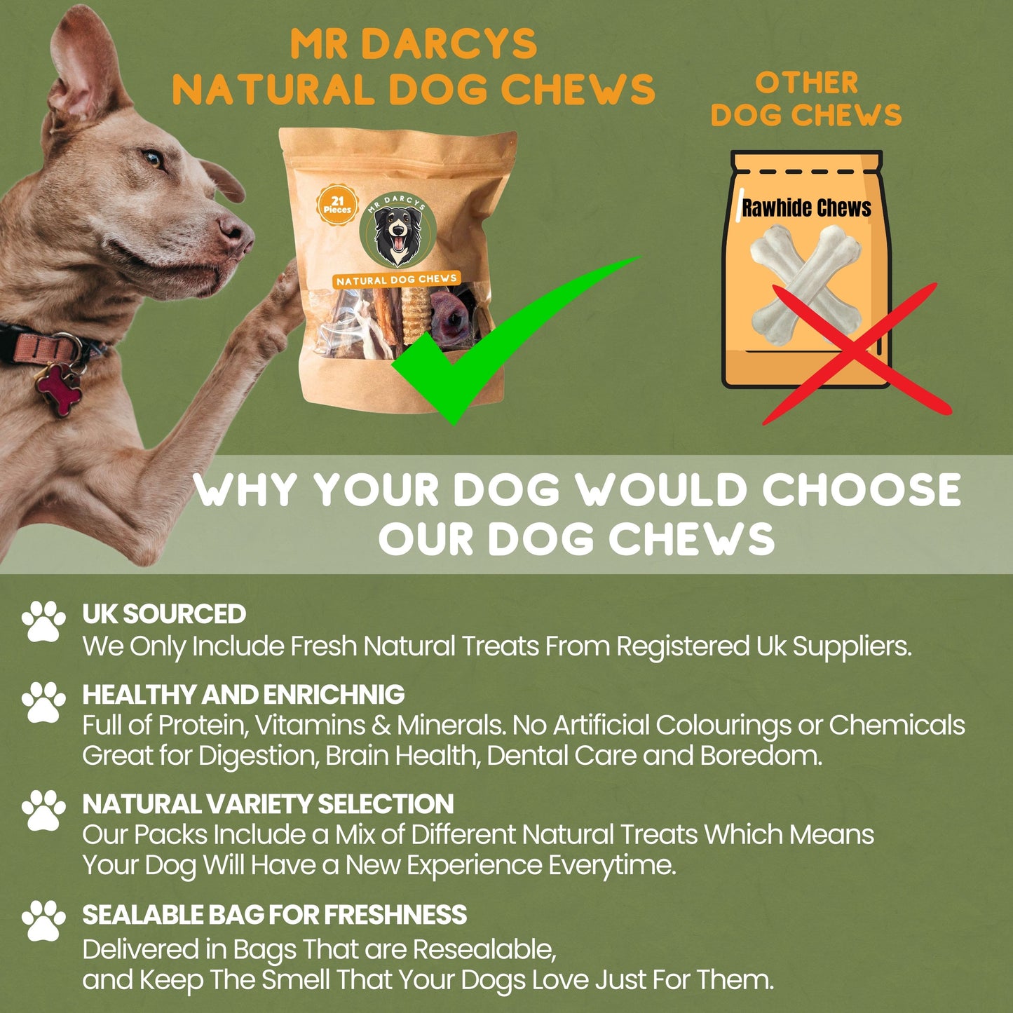 Natural Dog Treats with Rabbit Ears with Fur for Dogs, Chicken Feet Dog Treats, Pigs Ears for Dogs and Beef Trachea for Dogs Natural Dog Chews. Mr Darcys 21 Rawhide Free Dog Chews in Smell Proof Bag