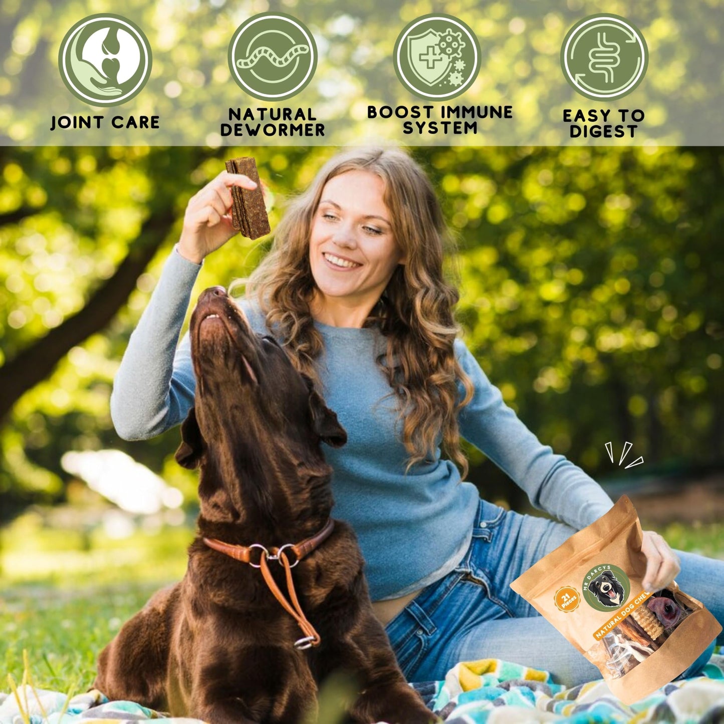 Natural Dog Treats with Rabbit Ears with Fur for Dogs, Chicken Feet Treats, Pigs Ears for Dogs and Beef Trachea for Dogs Natural Dog Chews. Mr Darcys 21 Rawhide Free Dog Chews in Smell Proof Bag