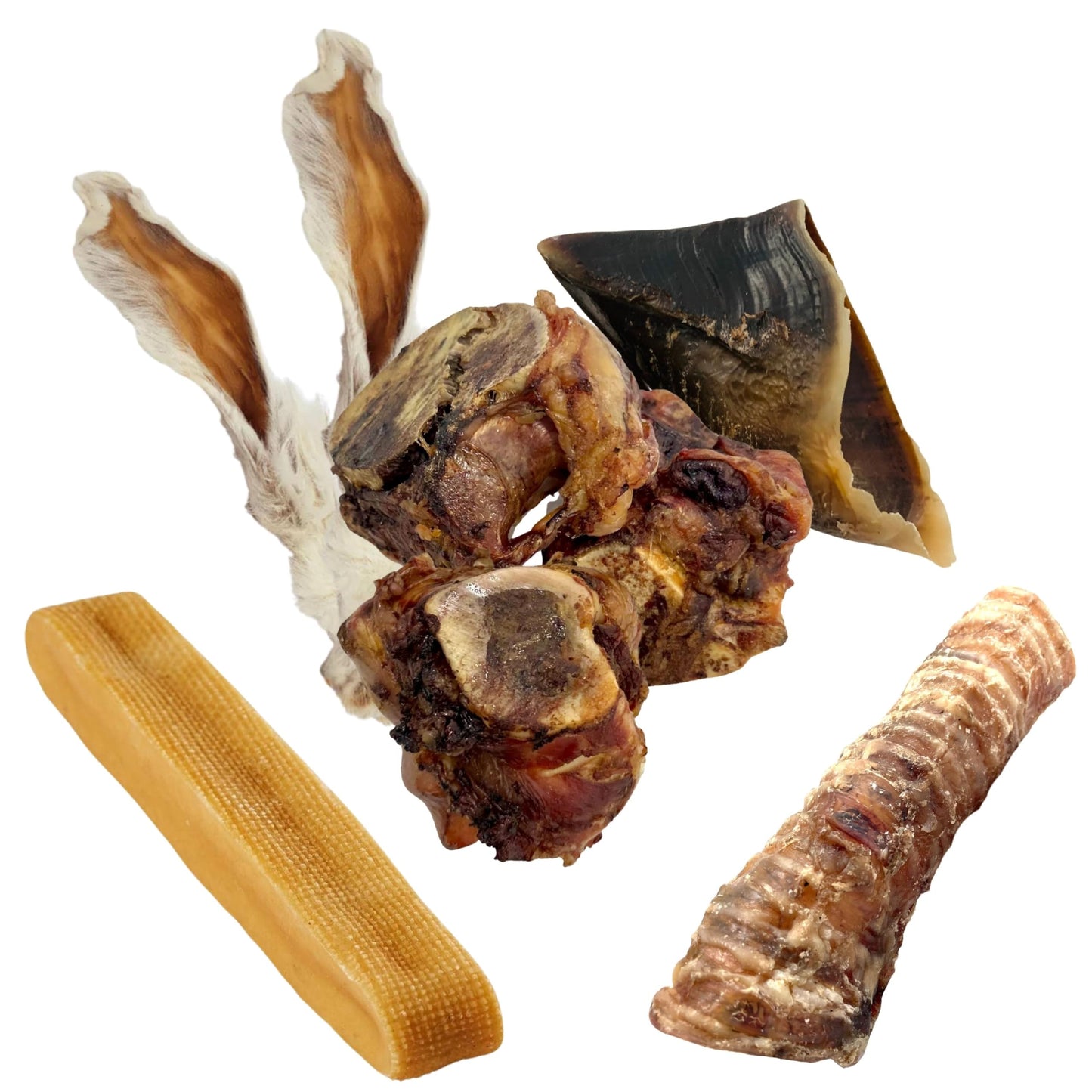 Yak Chews for Dogs, Rabbit Ears with Fur, Long Lasting Natural Dog Chew Bundle Mr Darcys Dog Treat Box with Beef Knuckle Bones and Trachea Gullet