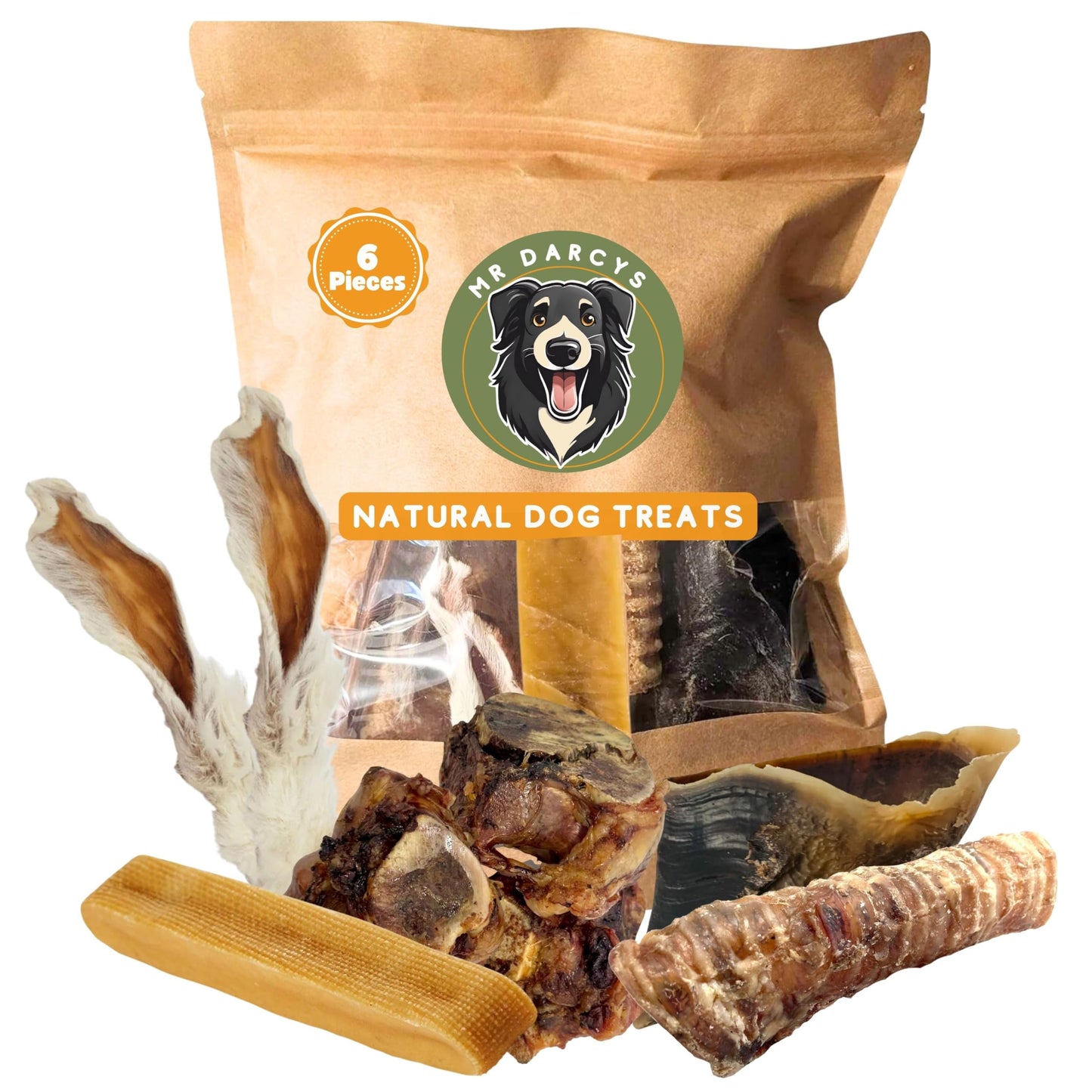 Yak Chews for Dogs, Rabbit Ears with Fur, Long Lasting Natural Dog Chew Bundle Mr Darcys Dog Treat Box with Beef Knuckle Bones and Trachea Gullet