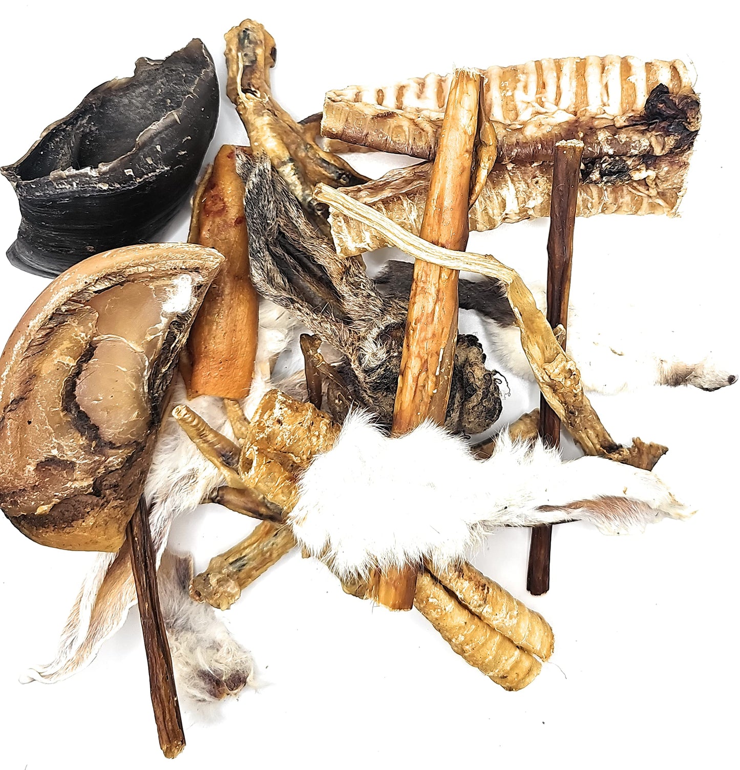 Natural Healthy Dog Chew Treat Box.Raw Long Lasting Dog Chews. Grain Free. Rabbit Ears, Trachea, Bulls Pizzle, Cow Hooves,Pigs Ears, Chickens Feet, Beef Spleens, Beef Spaghetti, Gourmet Sausages