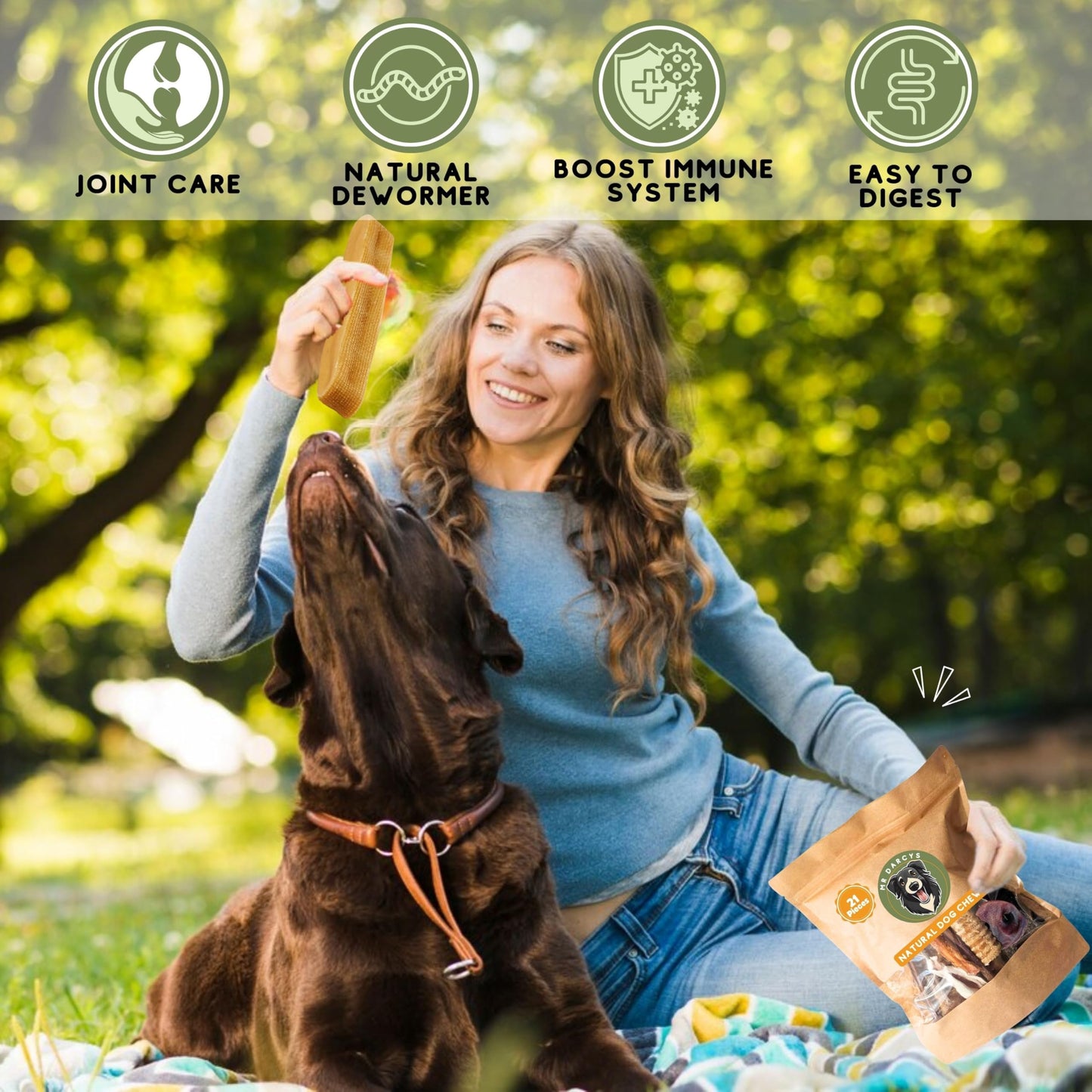 Yak Chews for Dogs, Rabbit Ears with Fur, Long Lasting Natural Dog Chew Bundle Mr Darcys Dog Treat Box with Beef Knuckle Bones and Trachea Gullet