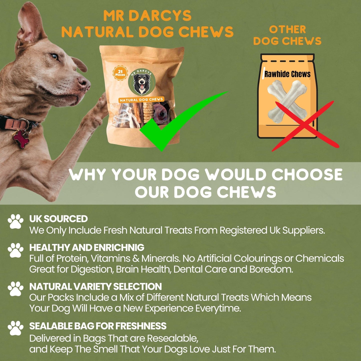 Natural Dog Treats with Rabbit Ears with Fur Chicken Feet Treats, Pigs Ears, Beef Trachea Natural Dog Chews. Mr Darcys. 21 Dog Chews in Smell Proof Bag