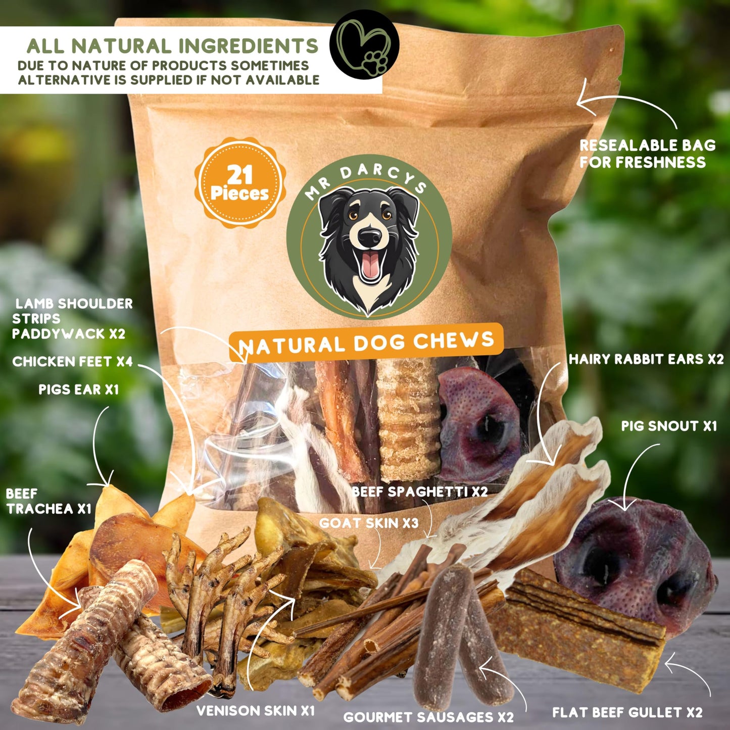 Natural Dog Treats with Rabbit Ears with Fur Chicken Feet Treats, Pigs Ears, Beef Trachea Natural Dog Chews. Mr Darcys. 21 Dog Chews in Smell Proof Bag