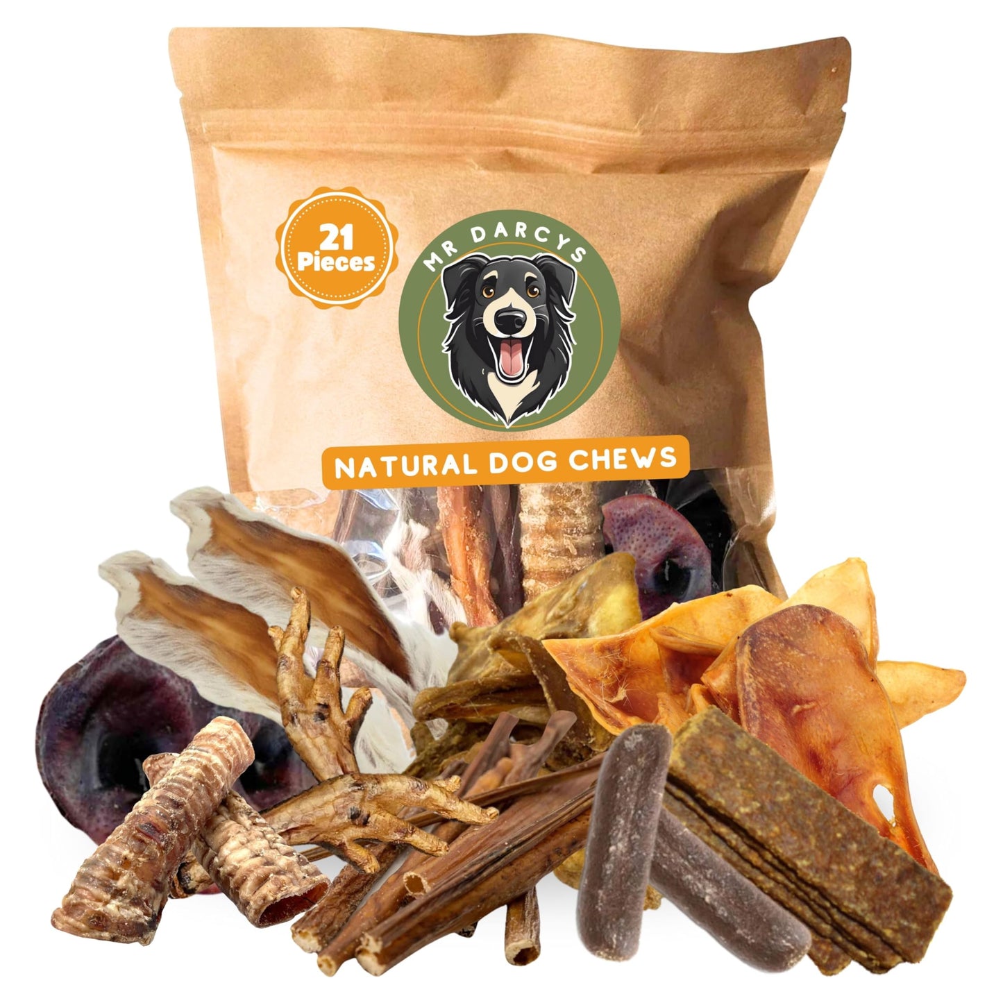 Natural Dog Treats with Rabbit Ears with Fur Chicken Feet Treats, Pigs Ears, Beef Trachea Natural Dog Chews. Mr Darcys. 21 Dog Chews in Smell Proof Bag